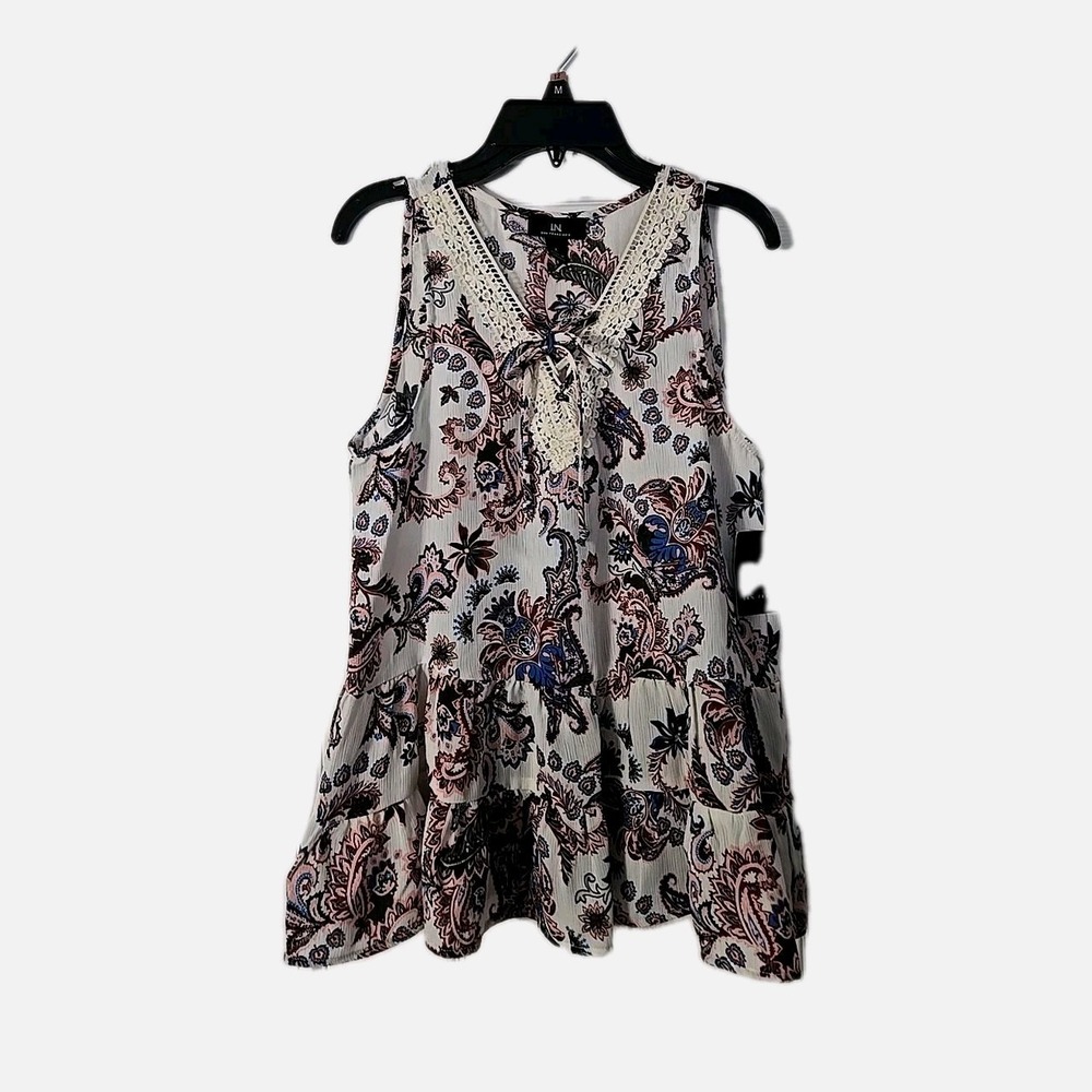 I.N. San Francisco‎ Sleeveless Blouse, Large, Ruffles & Lace. NWT White Paisley.